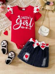 SuperBaby Set body rosu cu mesaj "Daddy’s Girl" si fusta denim pentru fetite